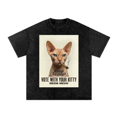 Chinga La Migra Vote with Your Kitty Meow Meow Snow Washed Oversized Cotton T-Shirt