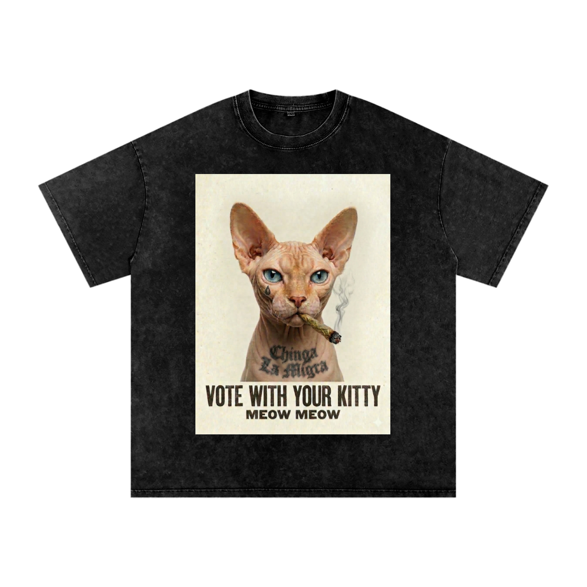 Chinga La Migra Vote with Your Kitty Meow Meow Snow Washed Oversized Cotton T-Shirt